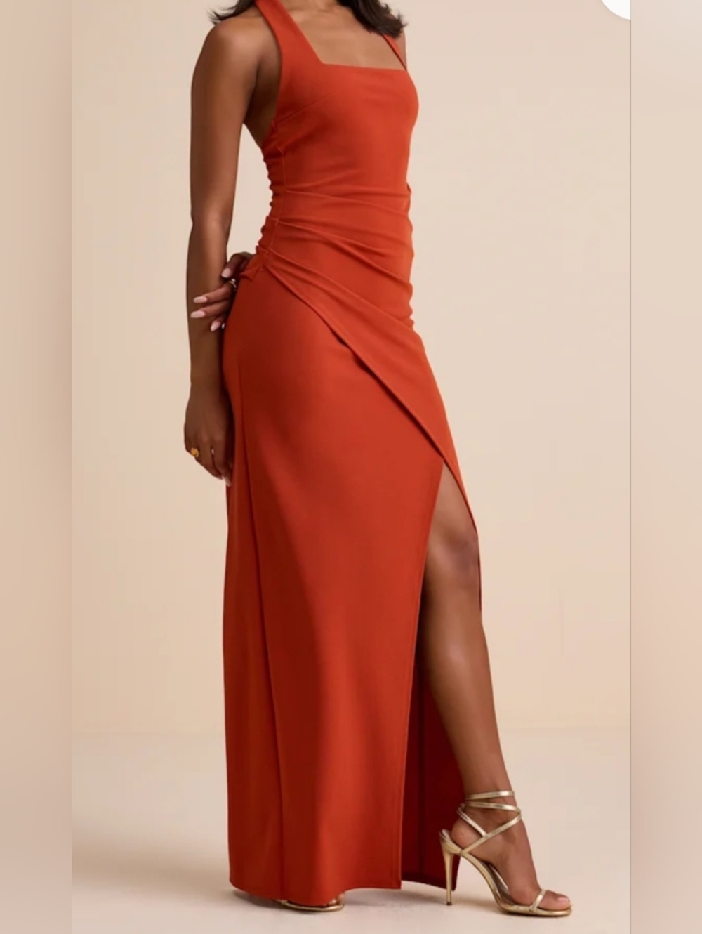 Lulu's Rust Orange Draped Ruched Maxi Dress